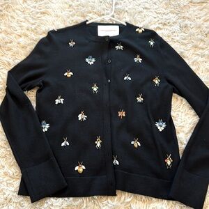 EUC Carolina Herrera Cashmere-silk Jeweled Bug Embroidered Cardigan In Black